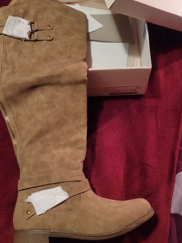 Brand New, Flat, Wide Calf Tan Boots Size 10