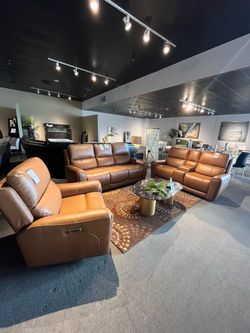 Caramel Power Reclining Sofa and Loveseat