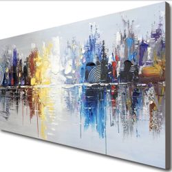 48x24 Hand-Painted Abstract Cityscape Wall Art – Modern Oil Painting on Canvas, Framed & Ready to Hang