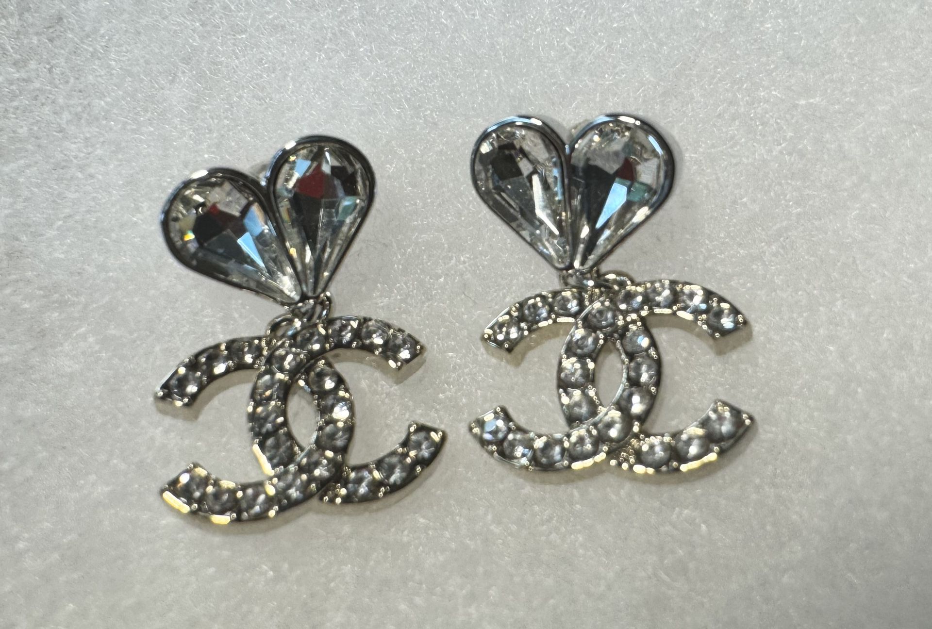CC Heart Crystal Silver Dangle Earrings 
