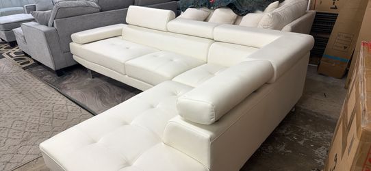 New Leather Sectional With Adjustable Headrests. White Leather. Free Delivery!