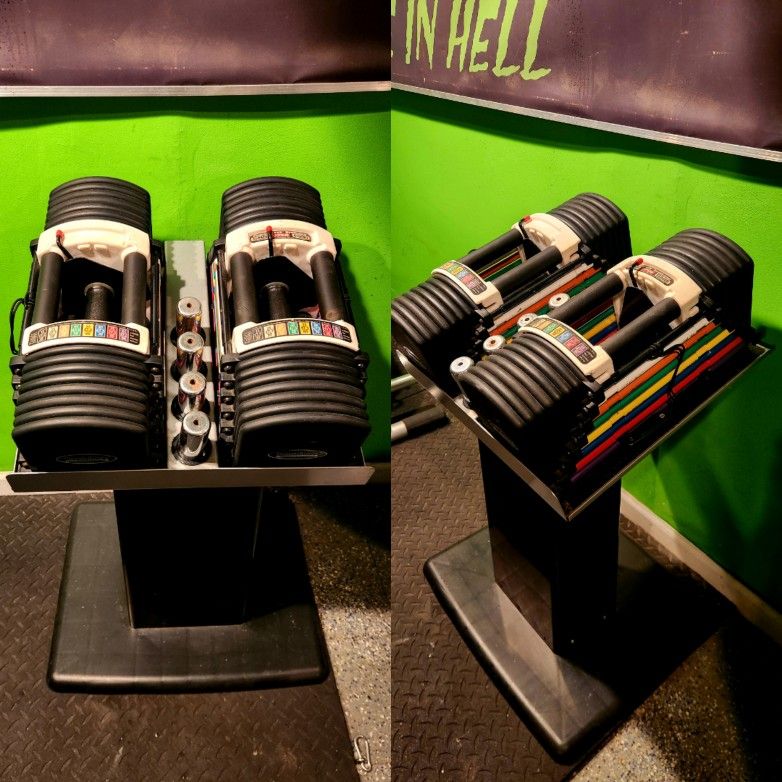 90LB URETHANE POWERBLOCK DUMBBELLS 5-90LB POWERBLOCKS WEIGHTS & STAND~