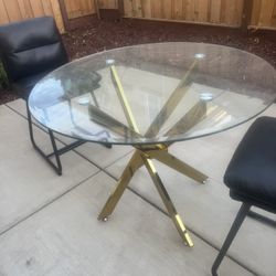 Glass Round Breakfast Table with Gold Base + 2 Chairs 