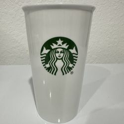 Starbucks Green Siren Logo 10 oz White Ceramic Travel Tumbler Coffee Cup Mug