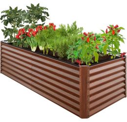 8x4x2ft Outdoor Metal Raised Garden Bed for Vegetables Flowers Herbs - Wood Grain