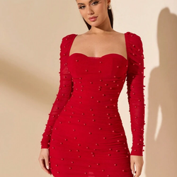 Bodycon pearled embellished long sleeve mini dress