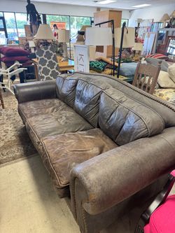 Brown Leather Sofa with Nailhead Trim