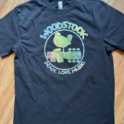 Woodstock Peace Love Music Guitar T Shirt Black LRG Music Concert Festival EUC