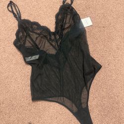 New medium black sheer mesh lace bodysuit lingerie top stretchy