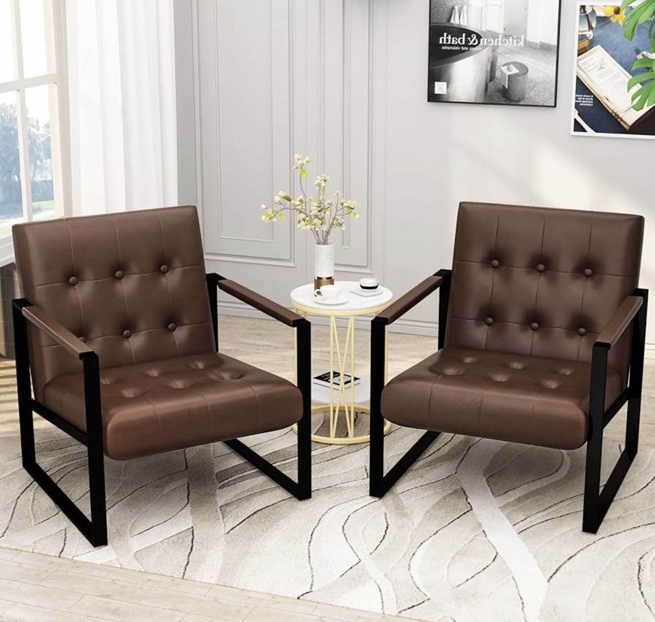 NEW TWO (2) Brown Mid-Century Modern Faux Leather Accent Armchair with Padded Armrests