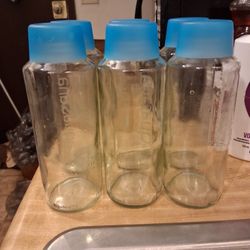 Aquasana Glass Water Bottles with Blue Lids - Set of 6