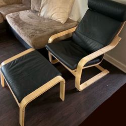 IKEA Poang lounge arm chair, faux leather/wood, black & tan
