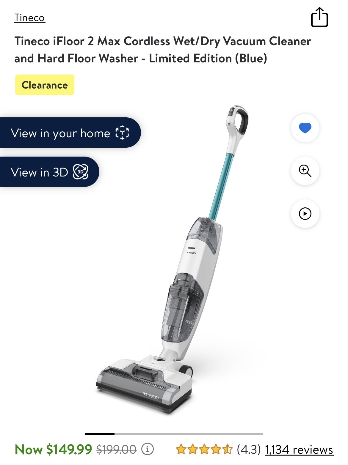 Tineco iFloor 2 Max Cordless Wet/Dry Vacuum Cleaner and Hard Floor Washer - Limited Edition (Blue)