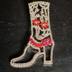 Red Floral Rhinestone Cowboy High Heel Boot Brooch Pin 