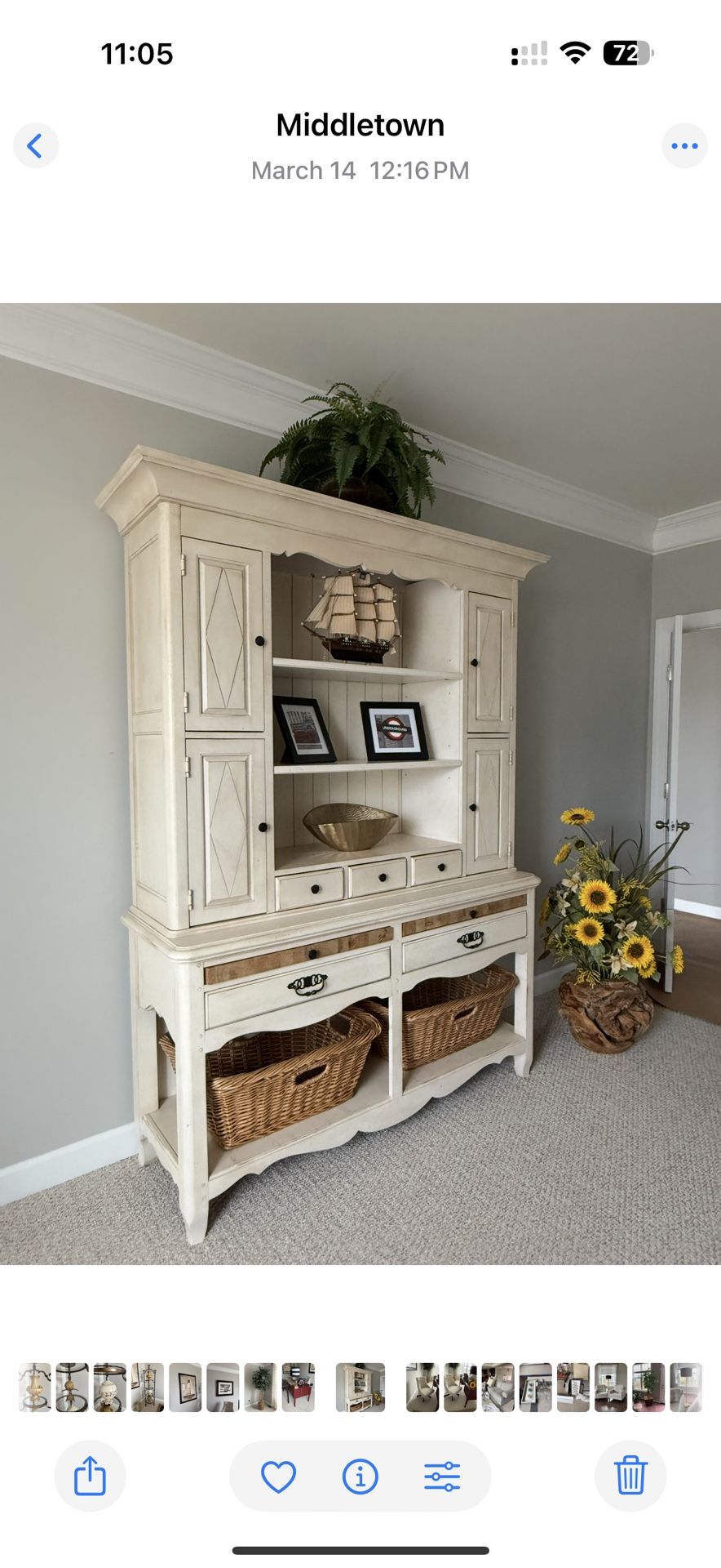 Offers Welcome - Must Go. Cream/white Bassett Hutch/Cabinet. Solid wood.
