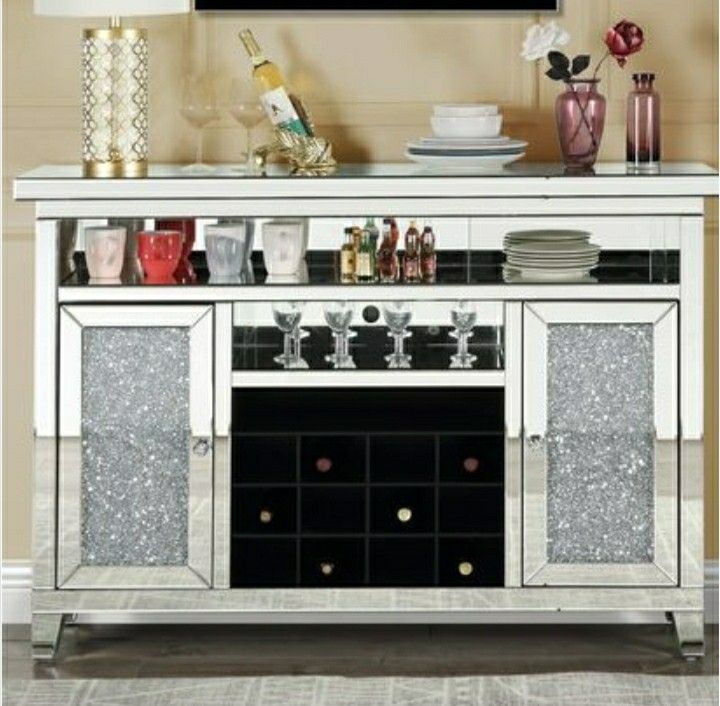 Mirrored Wine Cabinet 41 Inches Tall!! Faux Crystal Inlay 4 Modes Of Atmosphere Lights Controlled With Remote Firm Price $1,300 Financing Available