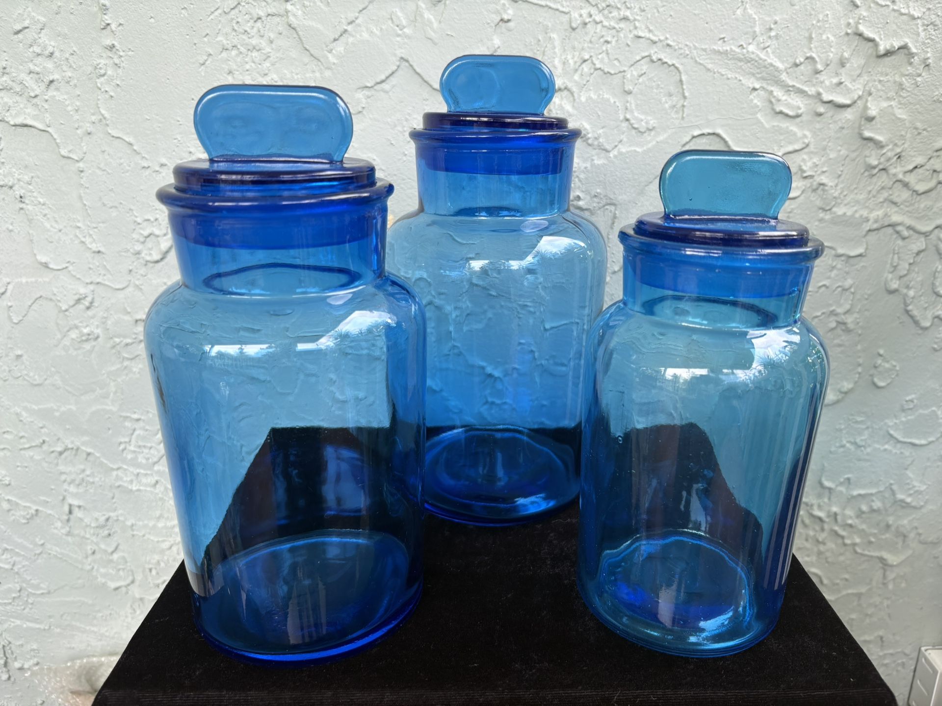 Vintage Blue Glass Lidded Apothecary Canister Jar Set (of 3)