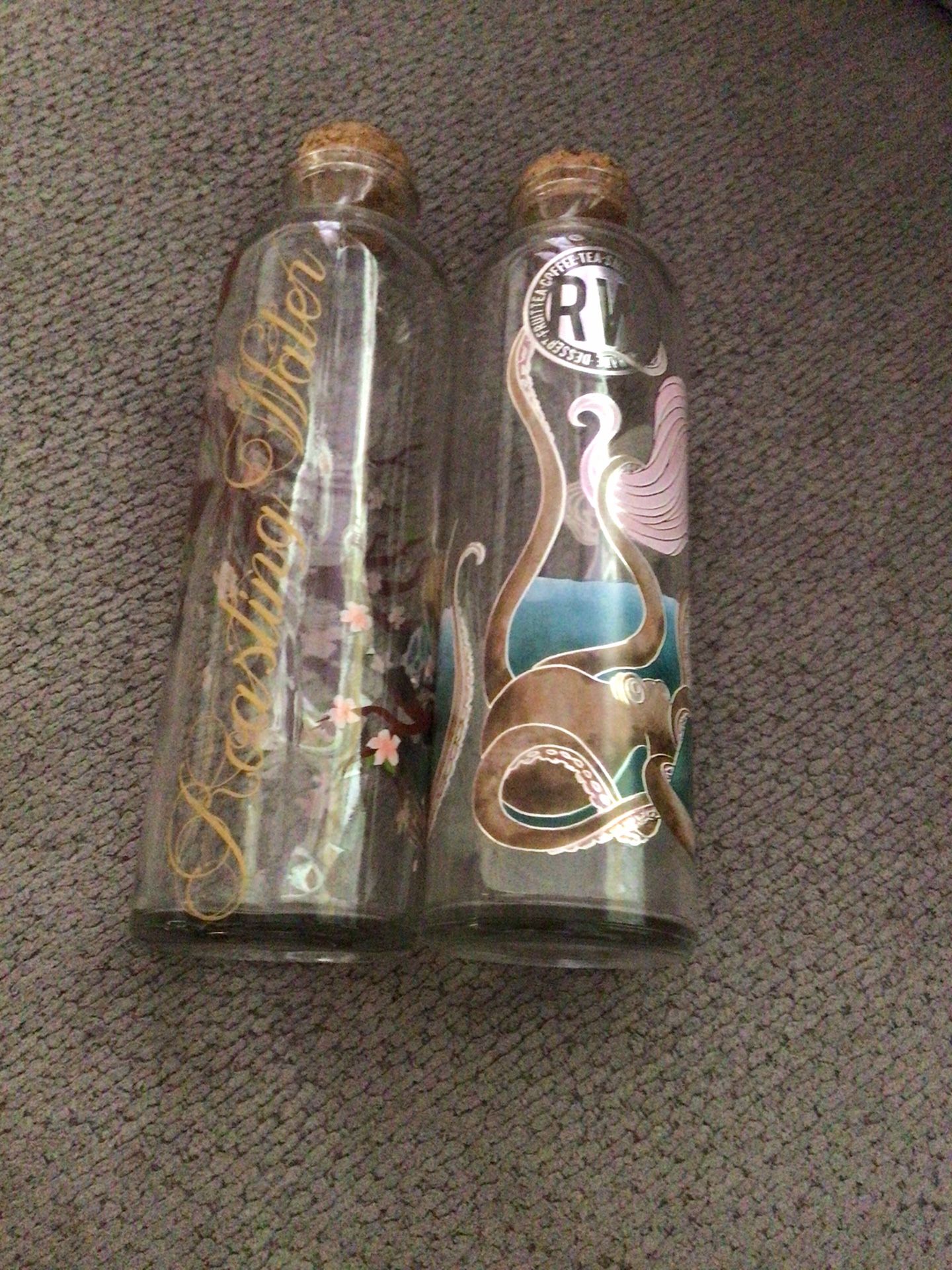 Set Of 2 Roasting Waters Glass Bottles. Panda Bear With Cherry Blossoms & Mermaid