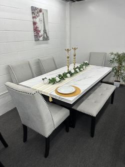 6 Pc Dining Set.  Faux Marble Dining Table White Marble Top Black Wood Finish.    ☎️📲🔥(213)713-74-89.    Comedor De 6 Piezas Nuevo En Caja 