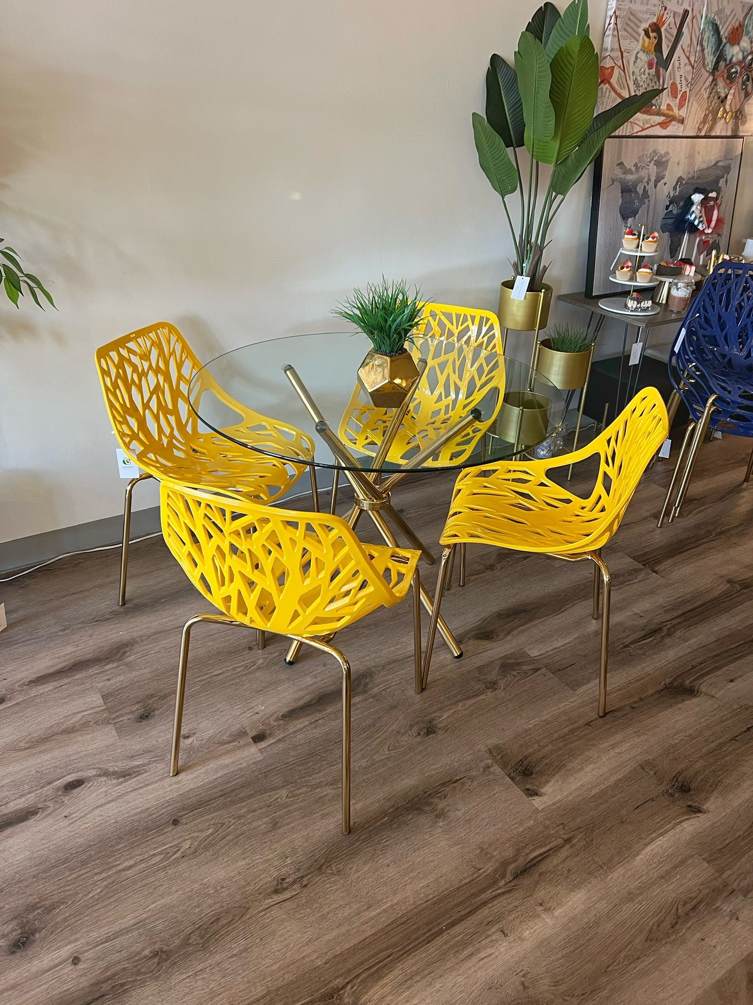 Yellow Modern Glass Dining Set For 4