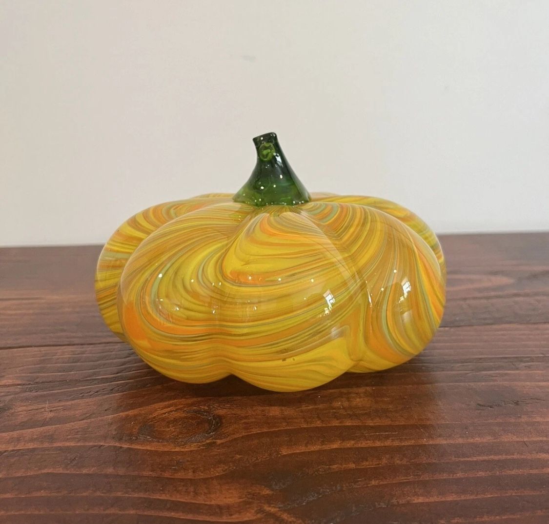 Pumpkin Art Glass Paperweight Handblown Swirl Fall Home Halloween Decor Vintage