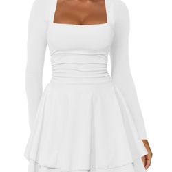 Size Medium, Square Neck White Ruched Waist Dress