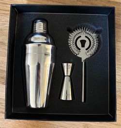 Cocktail mixing tin, jigger, and strainer set