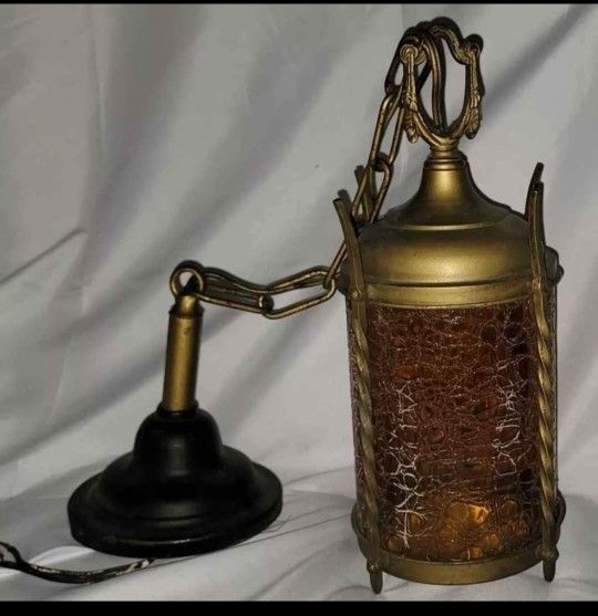 Antique Amber Glass Hanging Lamp. Hardwire.