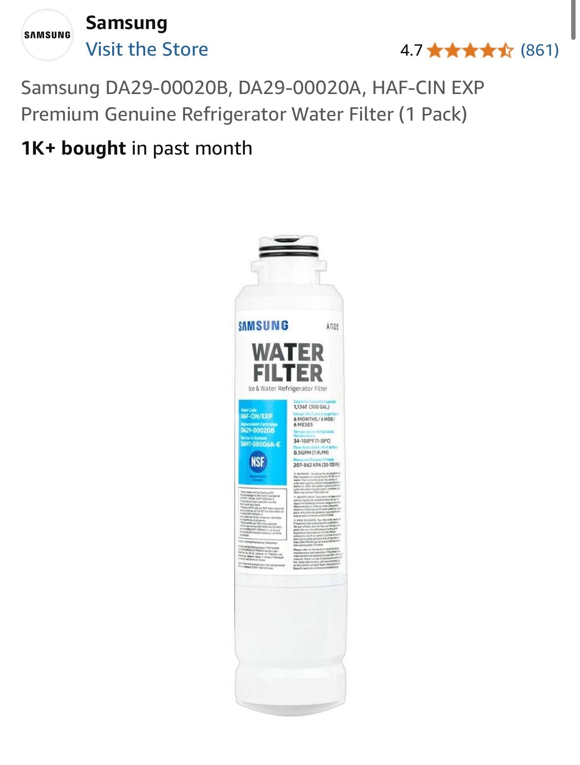Samsung DA29-00020B, DA29-00020A, HAF-CIN EXP Premium Genuine Refrigerator Water Filter (1 Pack)