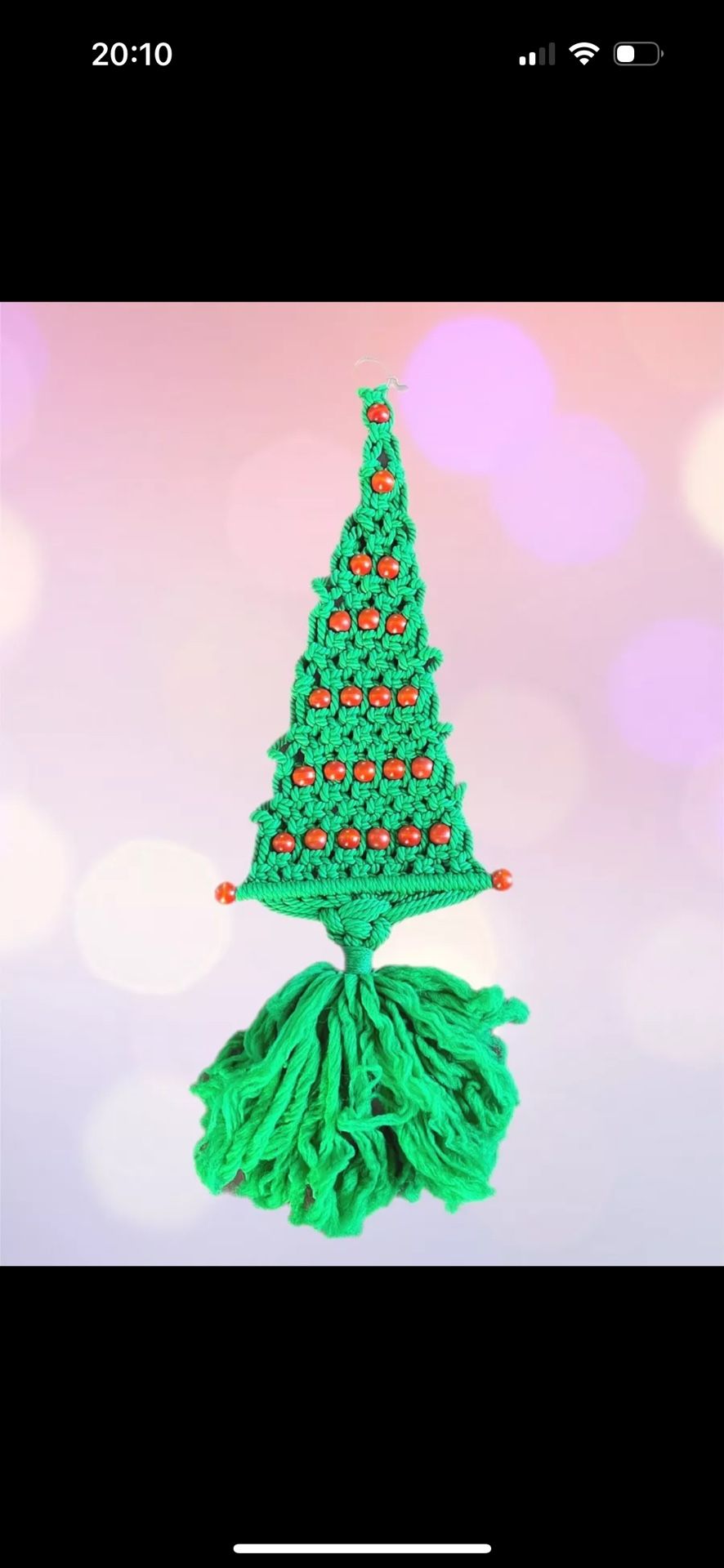 Vintage 70’s Macrame Green Christmas Tree Wall Hanging Wood Beads Spheres 34x12”