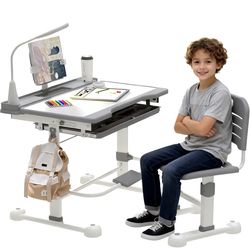 (New Box) Desk and Chair Set for Kids Height Adjustable Drawing Desk Functional Study Table with 55° Tilt Desktop, Writing Board, Pen Slot, 3 Mode LED