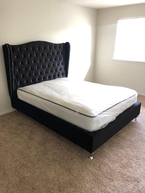 New in stock Black Velvet rhinestone queen size platform bed frame only