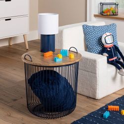 Wire Kids' Storage Floor Bin Navy - Pillowfort™: Round Iron & Wood Decorative Basket with Handles, Lidded, 19.25"x19.375"
