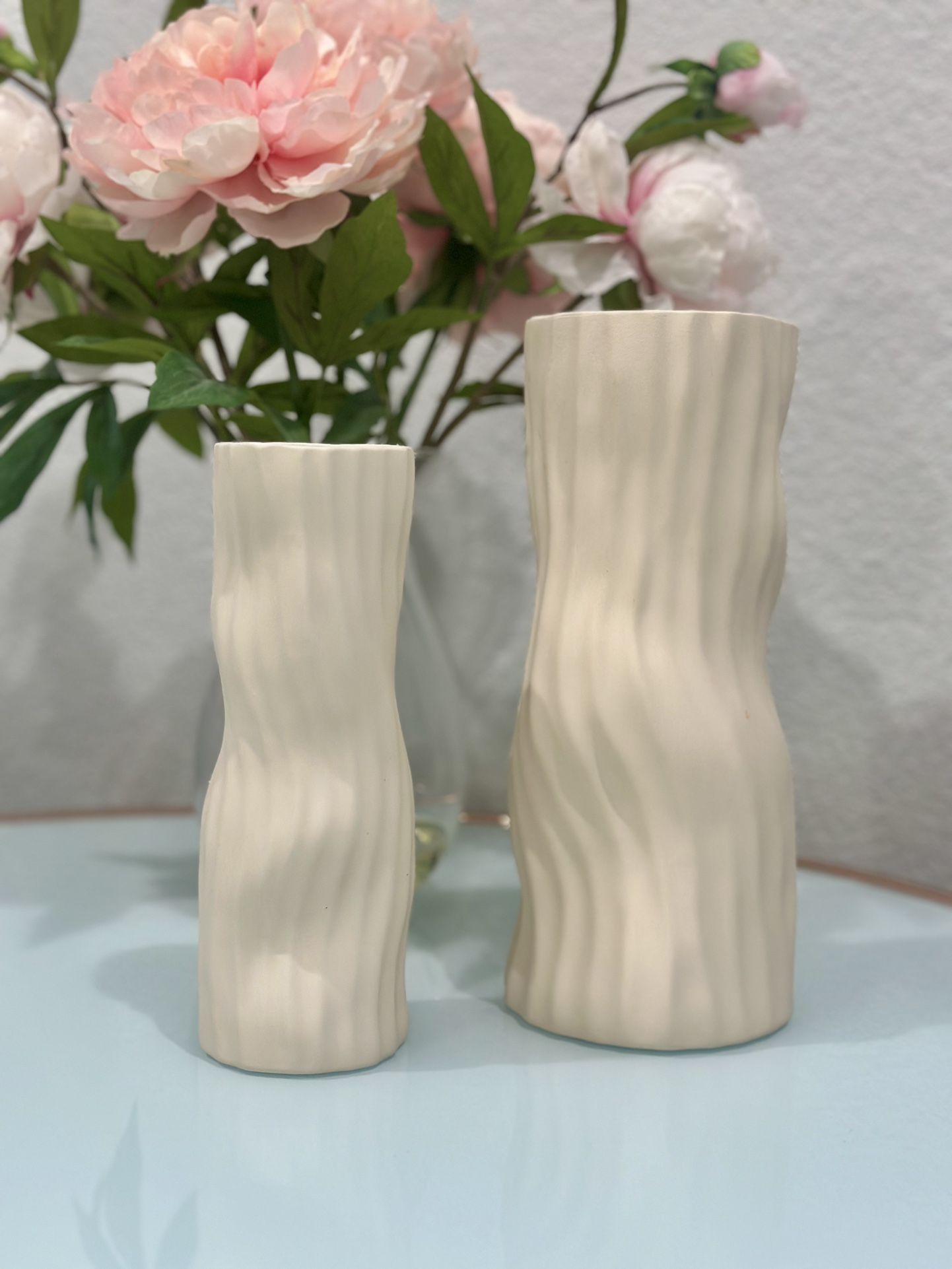 NEW Set of 2 Ceramic Vases For Flowers, 10.7" And 9" Modern, Neutral Farmhouse Flower Vase