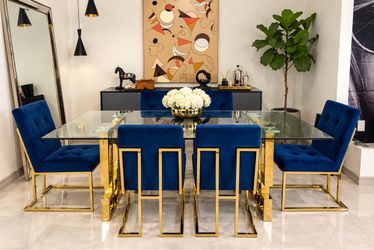 Luxury Modern Glass Dining Table Set with 6 Royal Blue Velvet Chairs – Gold Metal Base