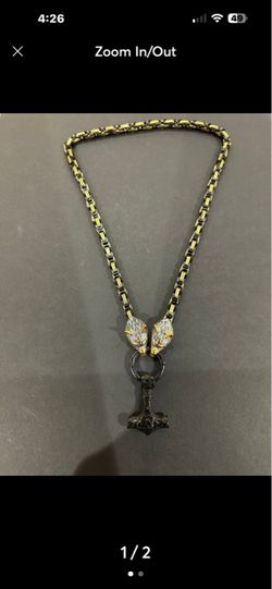 Black and Gold/Black Chain Thor’s Hammer Mjölnir Pendant w/SilverGold Wolf Head