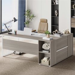 71 inch Executive Desk, L Shaped Desk with Cabinet Storage, Executive Office Desk with Shelves, Business Furniture Set Workstation for Home Office, Gr