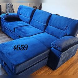 97.5"W Blue Velvet Fabric Reversible Sleeper Sectional Sofa Chaise