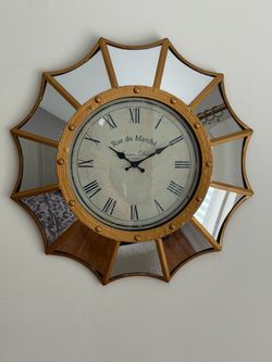 Metal Clock with Mirrors around clock, French Writings, 22 round, $25