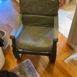 Large Grey Leather And Wood Mid Century Vintage Chair 
