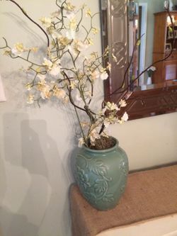 Green Ceramic vase w/yellow silk orchids