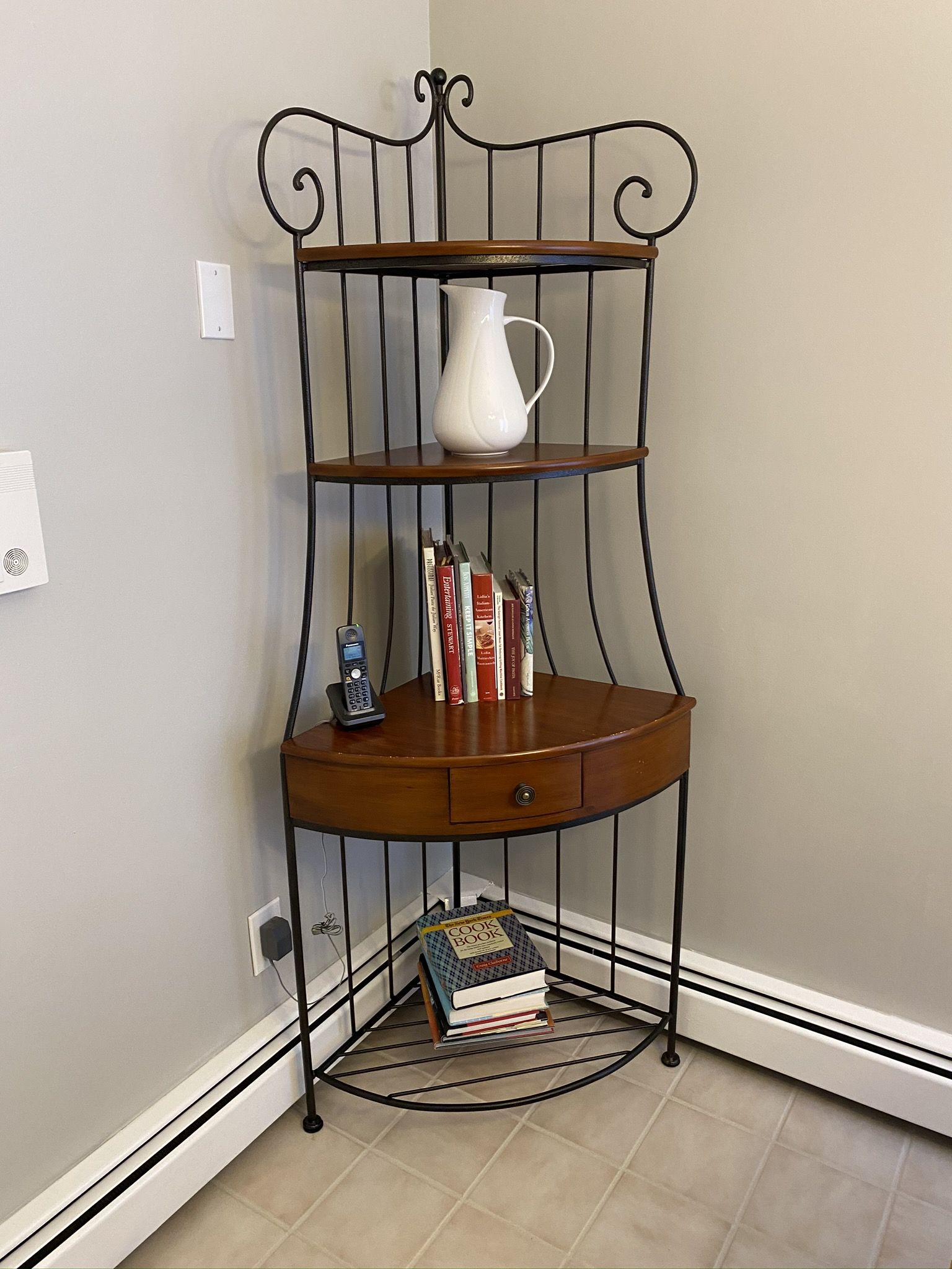 Cherry and Wrought Iron Corner Bakers Rack