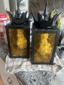 Midcentury Iron & Amber Glass Lantern Wall Sconce Lamps