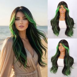 Long Black and Green Highlighted Wavy Wig