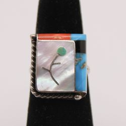 Vintage Sterling Silver Southwestern Native American Multi Stone Inlay Ring Size 5.5