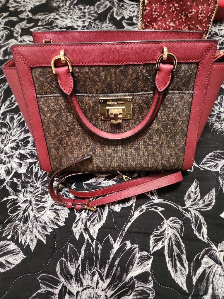 MICHAEL Michael Kors
MICHAEL Micheal Kors Brown/Red Signature Coated Canvas and Leather Tina Satchel