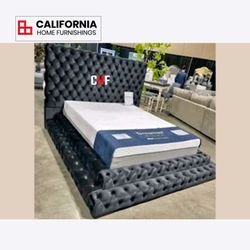 Luxury Velvet Diamond Tufted Bed Frame - Tall Headboard Platform Bed (E King, Queen, Full, Cking)