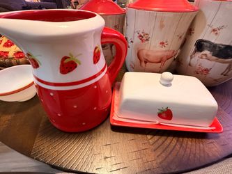 Strawberry butter dish and carafe