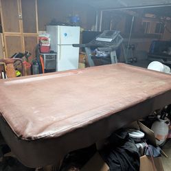 Pool Table with Red Felt, Balls, Cues, and Cover