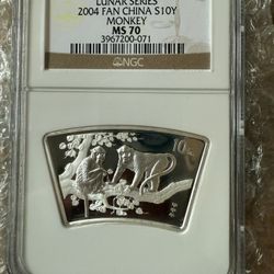 NGC MS70 LUNAR SERIES 2004 FAN CHINA MONKEY SILVER COIN